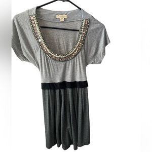 Forever 21 short sleeve top with jewel and pearl neckline and tie waist